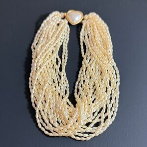CAROLEE Signed Gold Faux Pearl Multi-Strand Necklace Heart Clasp
